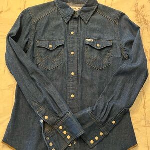 STAUD + Wrangler Blue Denim Shirt collaboration